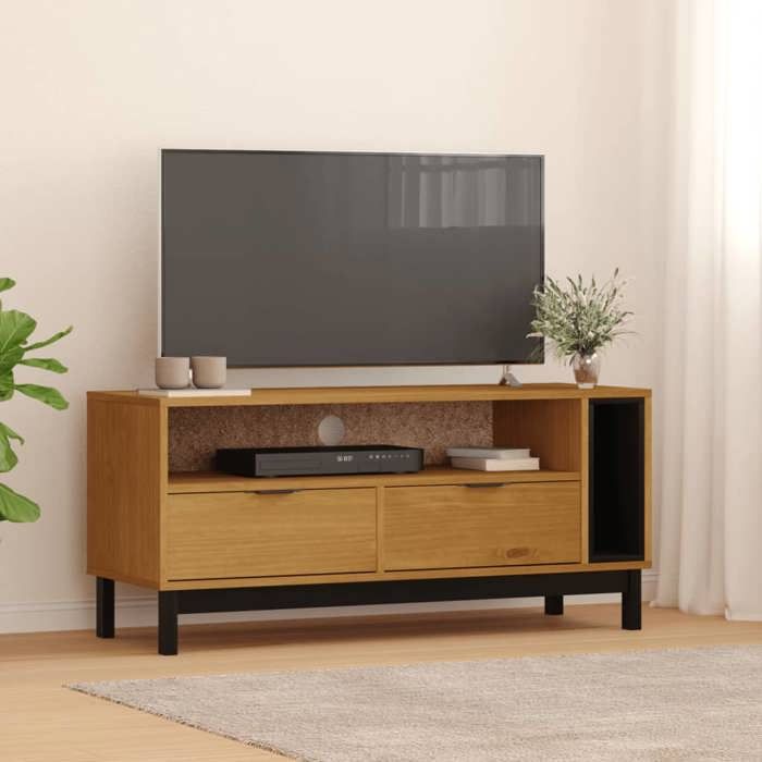 SALE 2026 Armoire TV moderne Brun - Meuble TV FLAM 110x40x50cm - bois massif de pin PRO153847606