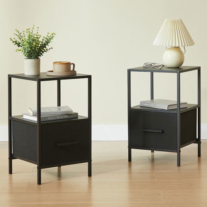 CASABEL Lot de 2 tables de chevet noires avec tiroir en tissu renforcé métal et bois 30×30×50cm tables de nuit