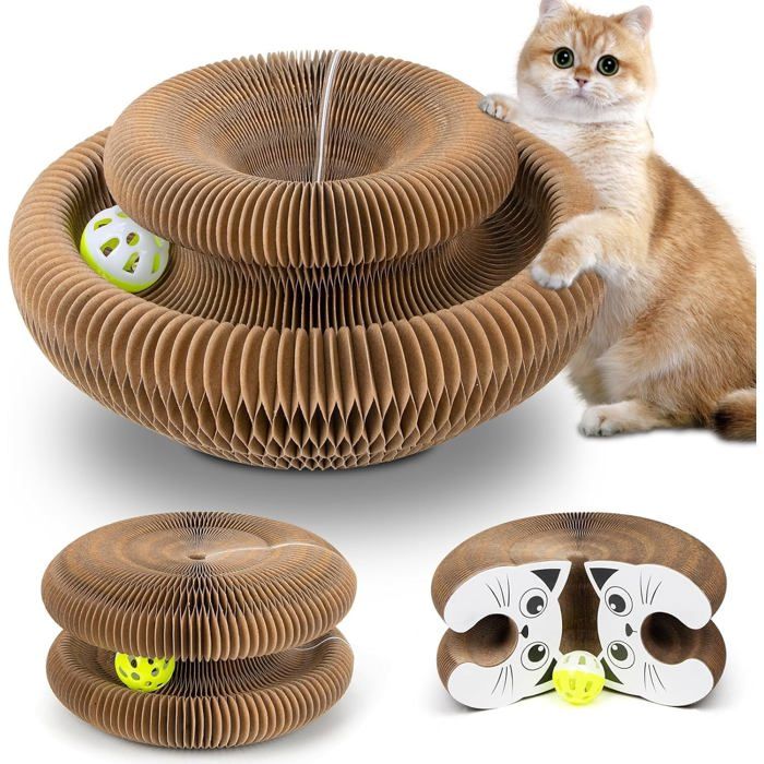 Griffoir pour chats en carton - SUTEO - Multi-formes pliant - Jouet interactif - Cloche amovible