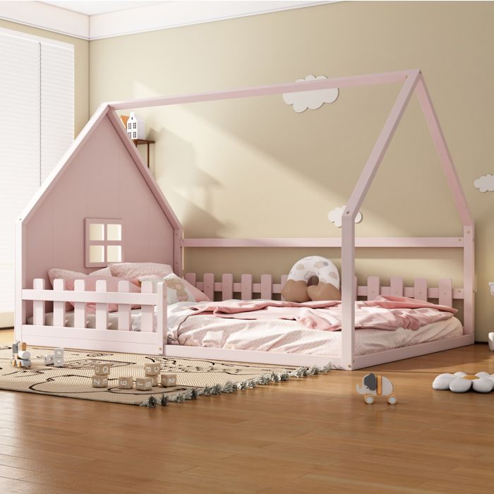Lit enfant cabane 140x200 cm avec barrière sommier à lattes pin et MDF rose Sans matelas