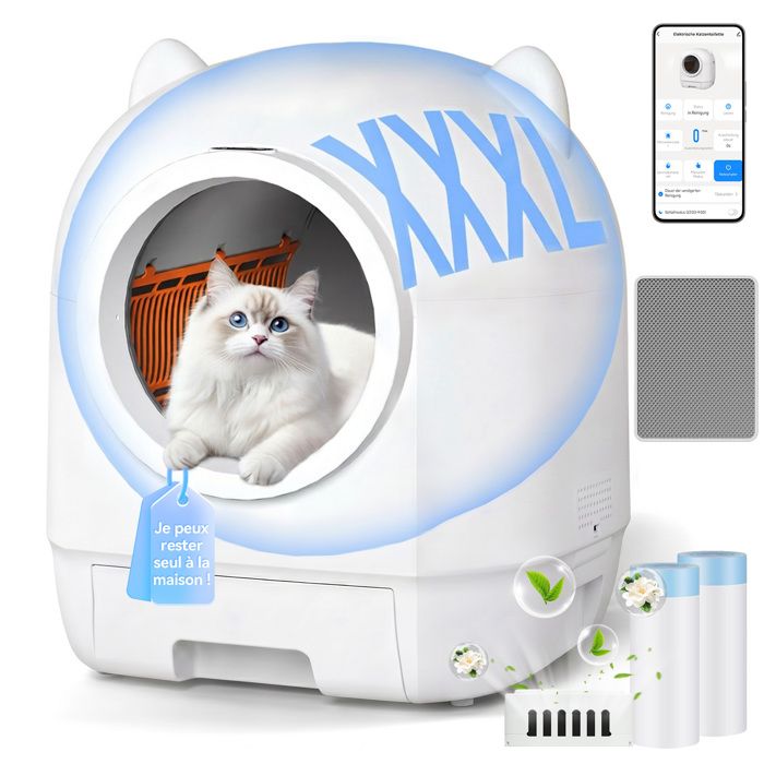 Litière Chat Autonettoyante 90L Nouveau Design Sécurité Multiple Contrôle via APP Double Protection Anti-odeursBlanc