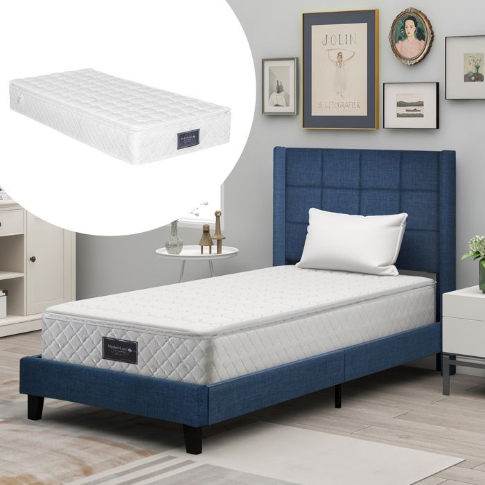 Lit simple 90x200 cmLit rembourré avec sommier à lattesBleuLinMatelas Inclus