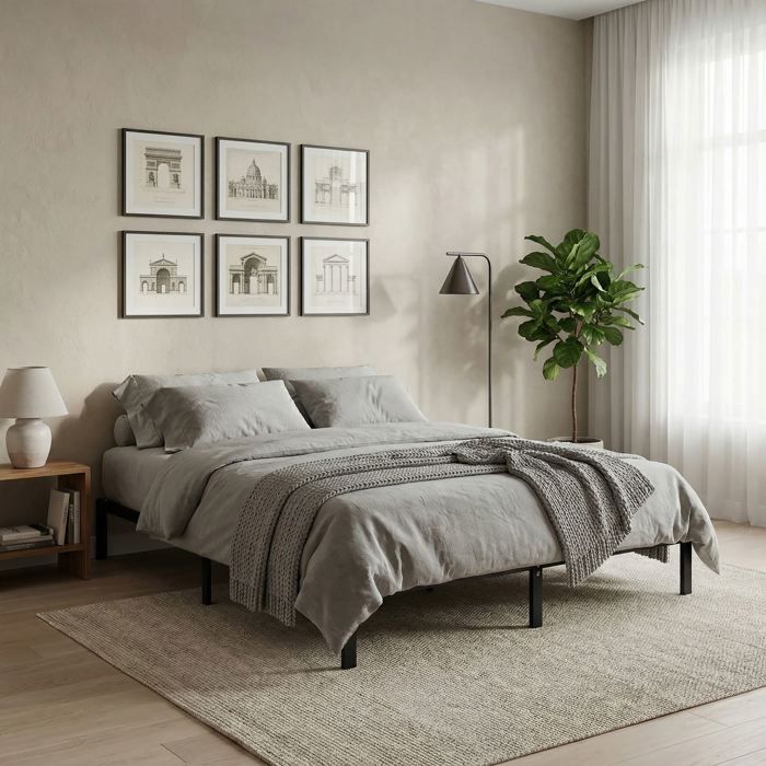 Lit Double TIDUR 180 x 200 cm Noir Structure en Métal Cadre Renforcé Sommier Intégré Style Industriel Minimaliste
