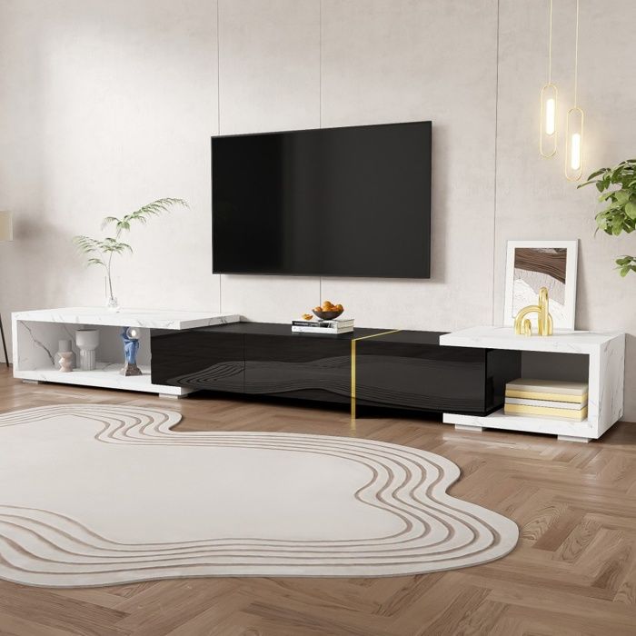 Meuble TV Extensible et Pivotant 140-260x40x30 cm - Design Marbre Noir Blanc Laqué et Détails Dorés - Noir et Blanc