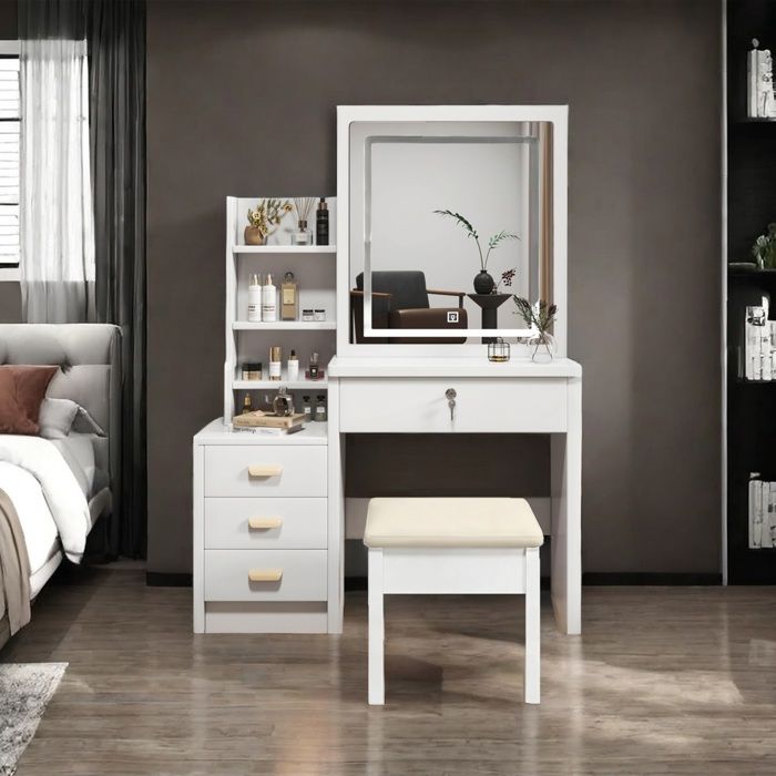 Coiffeuse design avec miroir lumineux et tabouret inclus - Éclairage LED 3 couleurs réglable 4 tiroirs blanc 85 cm