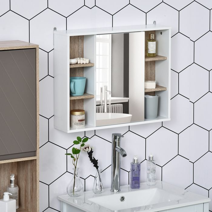 MOTHINESSTO535-Armoire murale meuble salle de bain avec miroir miroir salle de bain avec rangement placard à portes et 6 comparti
