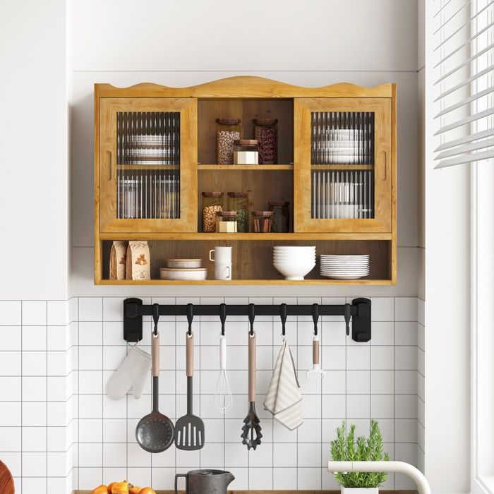 LPOSPI Armoire murale - meuble mural coulissante avec 2 portes et 3 étagères rétro cuisine salle à manger 90x20x60 cm naturel