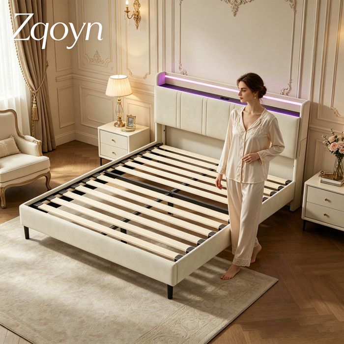 Lit double 140x200 cm avec coffre de lit Lit coffre avec LED et USB Tpye C Lit rembourré Velours Zqoyn