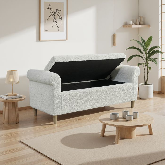 Banc Bout de Lit avec Coffre de Rangement en Velours Blanc - Repose-pieds Compact - Gain de Place - Design Scandinave - 127x51x52cm