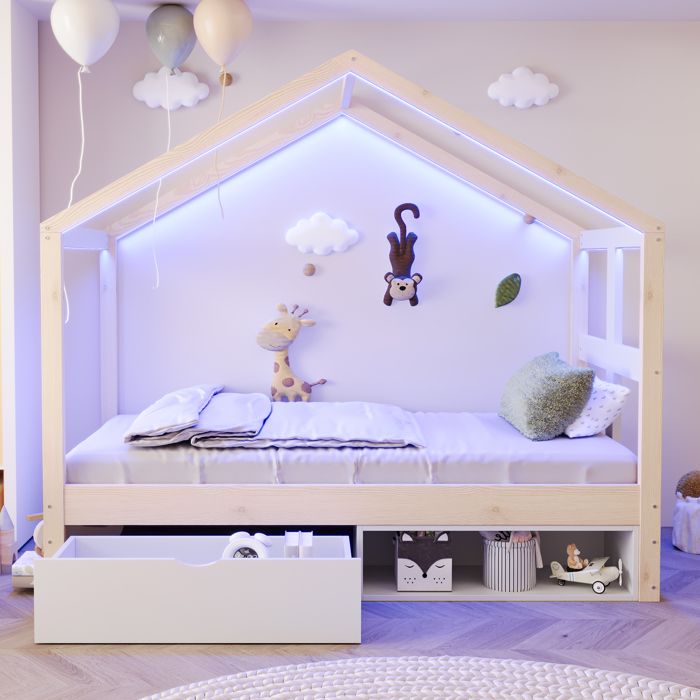 Lit cabane enfant 90x190 avec éclairage LED tiroirs et meuble à chaussures Forme de maison cadre de lit en pin (sans matelas) Lit cabane enfant 90x190 avec éclairage LED tiroirs et meuble à chaussures Forme de maison cadre de lit en pin (sans matelas)