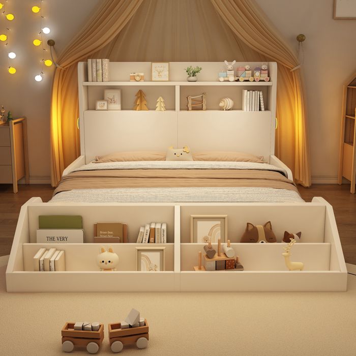 Lit enfant 140x200 cm - FloraGrace avec étagères veilleuses et bibliothèque amovible sans Matelas - Blanc