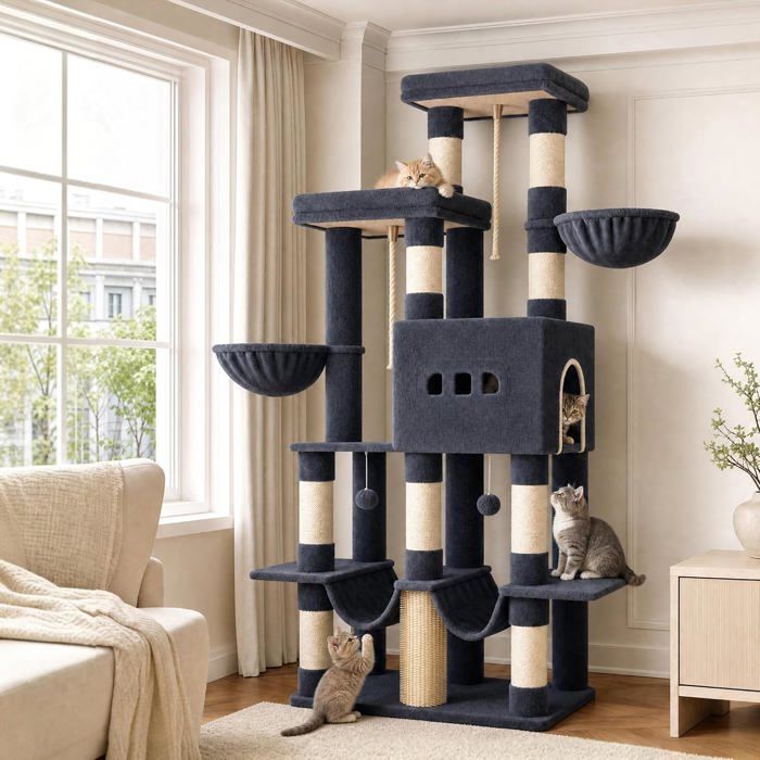 Arbre à Chat 176 cm 2 Plateformes Extra-Larges9 Poteaux à Griffer en Sisal 2 Hamacs Convient aux Chats Maine Coon Gris Foncé