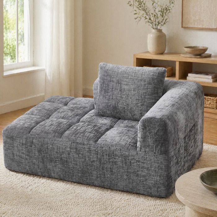 Chaise longue 1 place sans montage avec coussin et poches latérales chenille grise - UVRION