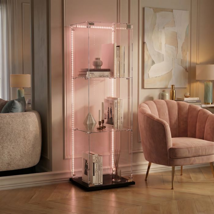Vitrine collection avec 3 etageres vitrine en verre avec bande LED armoire vitrine avec serrure meuble salon trempé noir