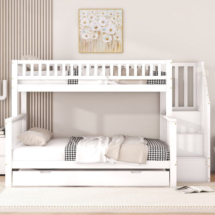 Lit superposé enfant - KOMHTOM - Évolutif 90x140/200 - Bois massif - Escalier avec rangements - 3 places Lit superposé enfant - KOMHTOM - Évolutif 90x140/200 - Bois massif - Escalier avec rangements - 3 places