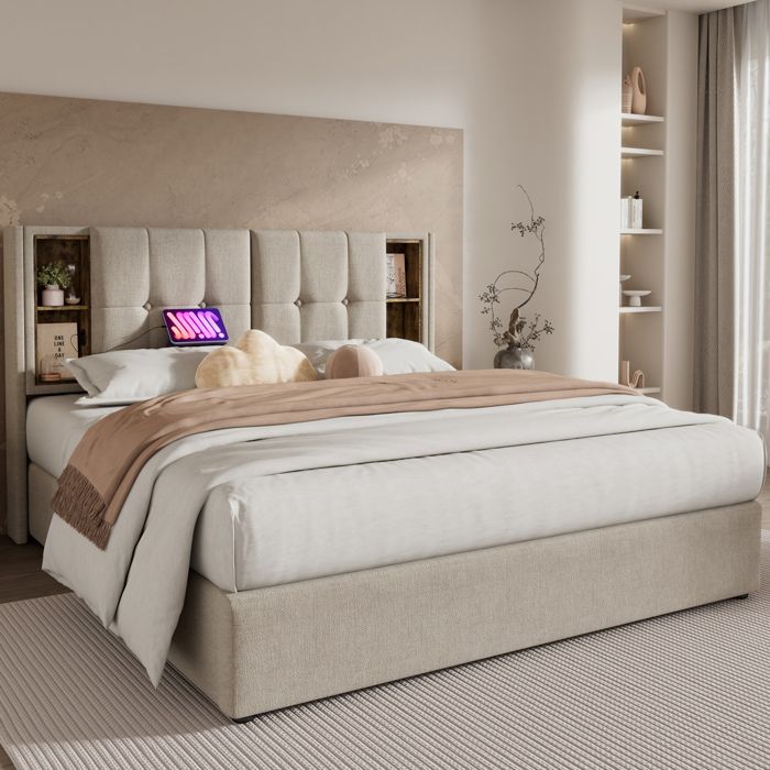Lit coffre adulte 140x200 cm design moderne élégant USB sommier à lattes lin naturel sans matelas