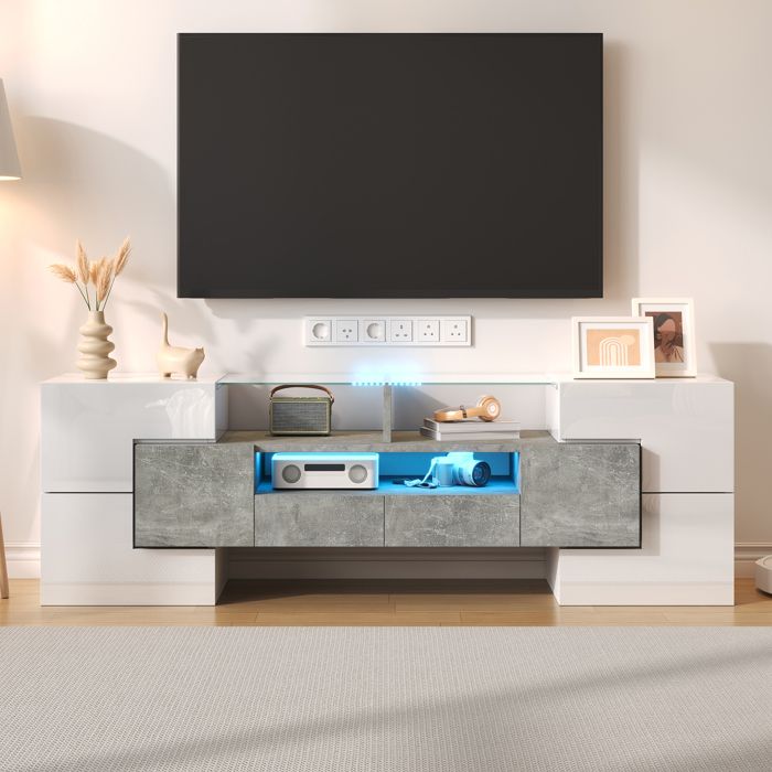 Meuble TV bas LED 145 cm 6 portes 2 tiroirs 3 niches plateau verre éclairage multicolore blanc brillant effet béton