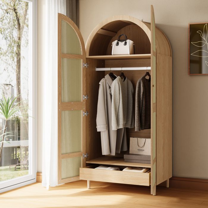 Armoire 2 Porte en Rotin 1 Tiroir Tringle 80x50x179 cm Couleur Naturelle