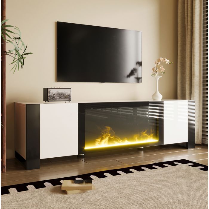 Meuble TV lowboard 165 cm avec cheminée électrique décorative blanc et noir brillant 2 portes