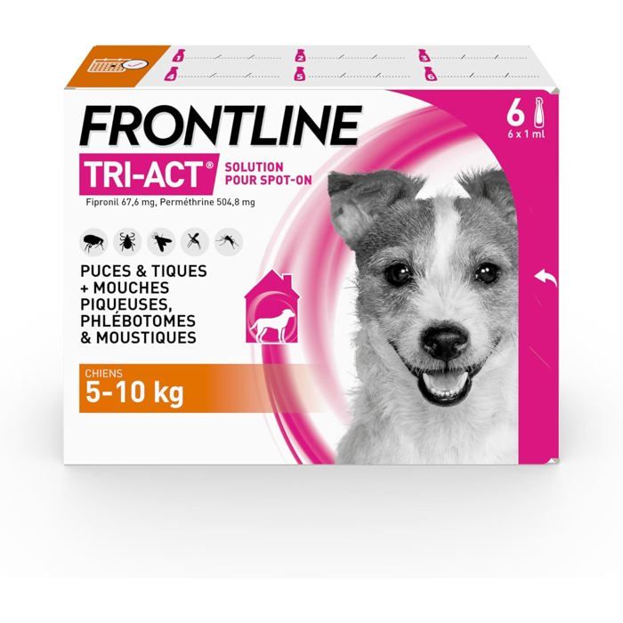 Tri-Act Chien - Anti Puces Tiques Moustiques Phlébotomes & Mouches - Traitement Radical En 6h - Pour Petit Chien De 5 à 10 kg [A]