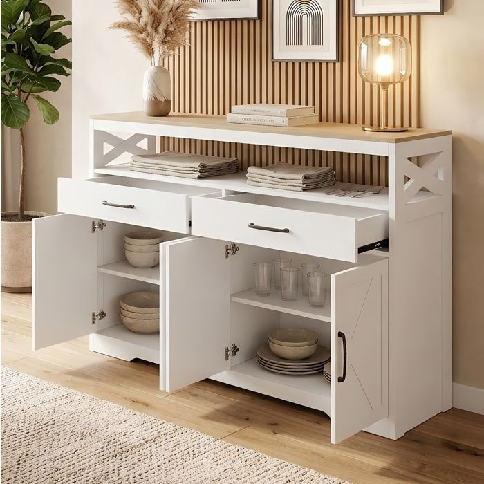 Buffet bas cuisine 140x40x105cm - Grand rangement ouvert - Portes en X - Style campagnard - MDF Blanc et Plateau Bois