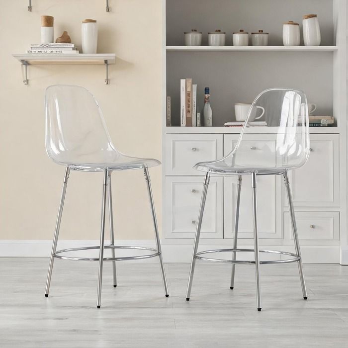 Lot de 2 tabourets de bar design transparent structure métal silver finish hauteur 102 cm assise 66 cm idéal cuisine ouverte