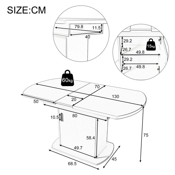 Table de Salle à Manger Extensible avec Placard et Étagères - MEUNIQ - Blanc avec Poignée Dorée Ovale