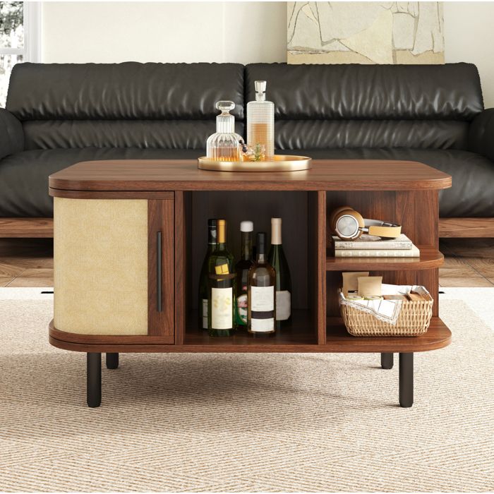 WUVRIE Table basse 80 x 60 x 465 cm avec rangement MDF coloris noyer portes latérales effet tressé