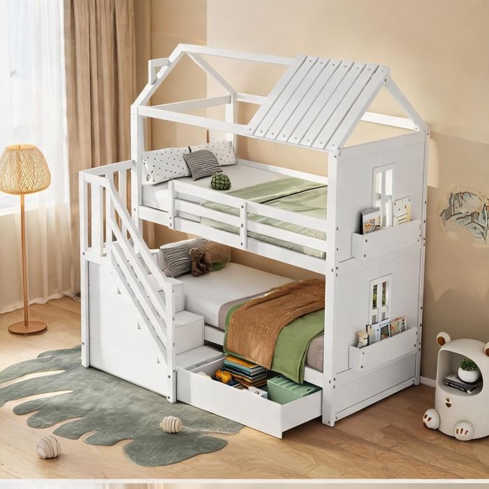 Lit enfant superposé multifonction 90x200 cm avec escalier rangement tiroirs et étagères pin massif et MDF blanc