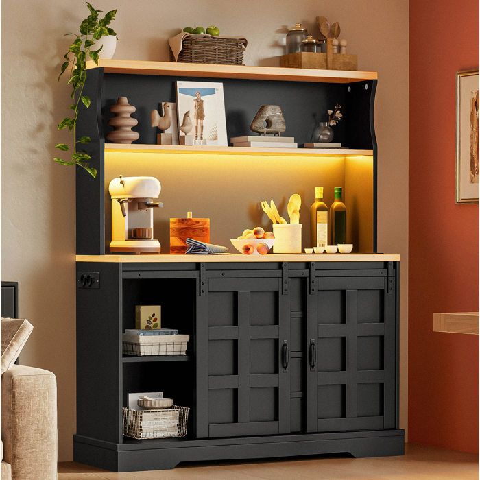 Buffet de cuisine 2 portes coulissantes 4 tiroirs LED RGB et prises USB - ELVMI - pour cuisine MDF noir 120×40×150 cm