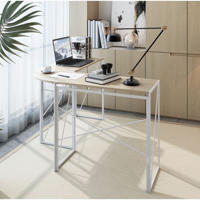 Bureau dangle en L informatique grand plateau effet bois structure métal pour travail et étude Grjofek