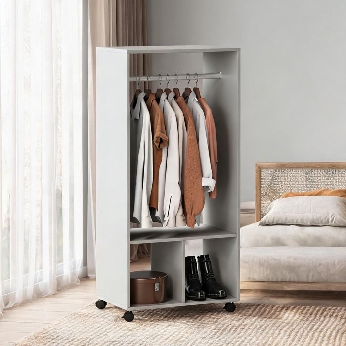 Armoire penderie 128 cm avec niches et étagère panneaux de particules E1 gris 4 roulettes pivotantes