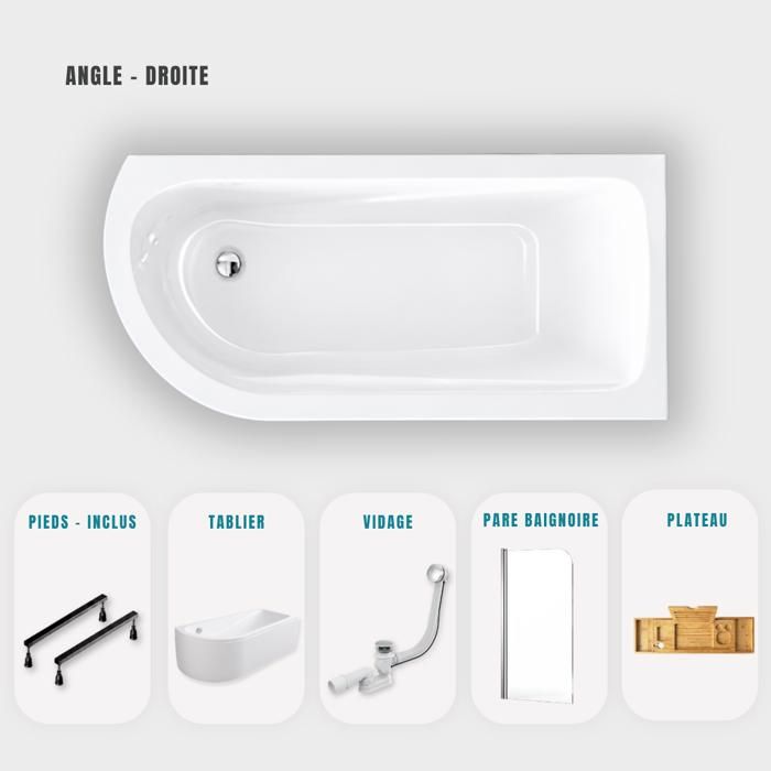 Baignoire dangle blanche asymétrique 160x75cm - Tablier blanc - Pieds - Vidage noir- Pare baignoire - Etagère Bambou - OASIS Baignoire dangle blanche asymétrique 160x75cm - Tablier blanc - Pieds - Vidage noir- Pare baignoire - Etagère Bambou - OASIS