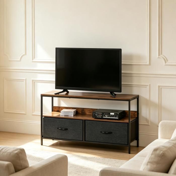 Meuble TV avec tiroirs - Style industriel - Dimensions 98x29x56 cm - Couleurs Noir Gris Brun Rustique