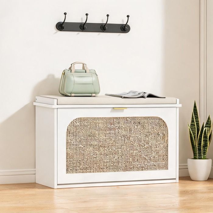 Banc à chaussures blanc en bois dingénierie avec tiroir rabattable porte en rotin 80 x 26 x 475 cm entrée bohème