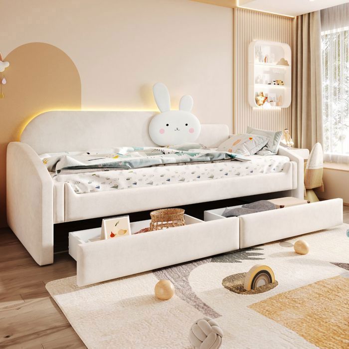 Canapé-lit enfant - WESTYLE - Canapé-lit 90x200 - Velours beige - Dossier coussin lapin - 2 tiroirs