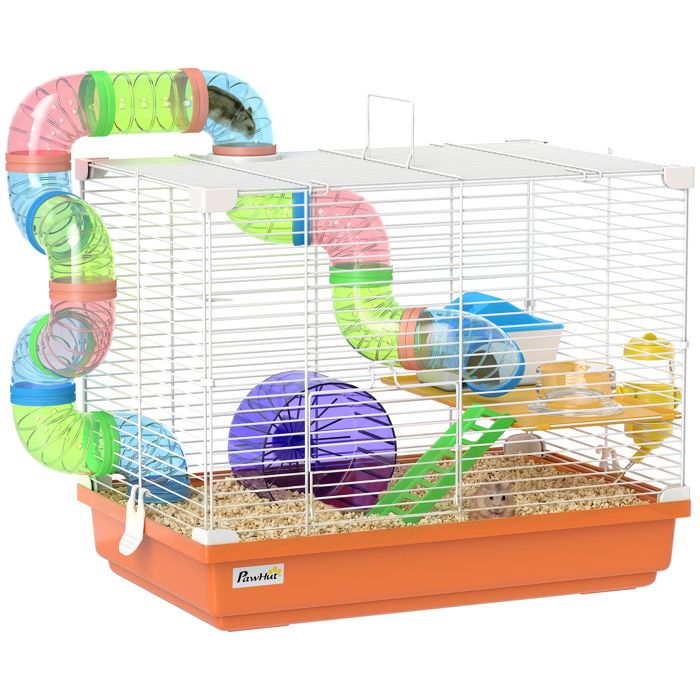 Cage à hamster - PawHut - 2 niveaux avec poignée tunnel biberon eau roue maisonnette échelles - métal - 46x30x37cm - orange Cage à hamster - PawHut - 2 niveaux avec poignée tunnel biberon eau roue maisonnette échelles - métal - 46x30x37cm - orange