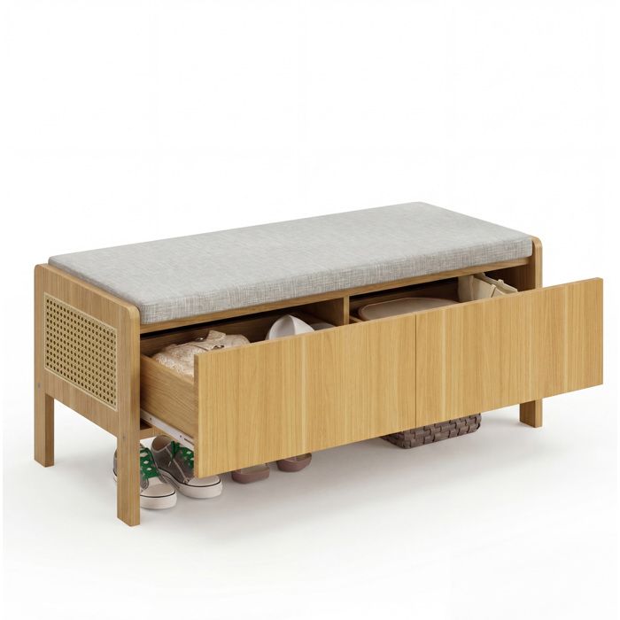 Banc dentrée avec rangement assise côtés en rotin tressé 2 tiroirs naturel 113 x 45 5 x 40 cm