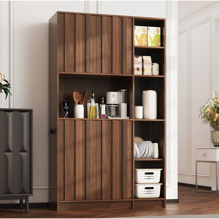 Colonne de Cuisine avec 2 Portes Étagères LED et Prises - pour Cuisine - en MDF - 105×40×180 cm - Noyer