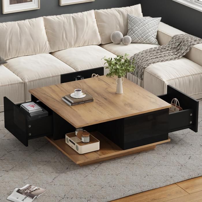 Table Basse Carrée à 2 Niveaux Étagère de Rangement Table Cocktail Carrée Rustique pour Chambre Salon Bureau Bar