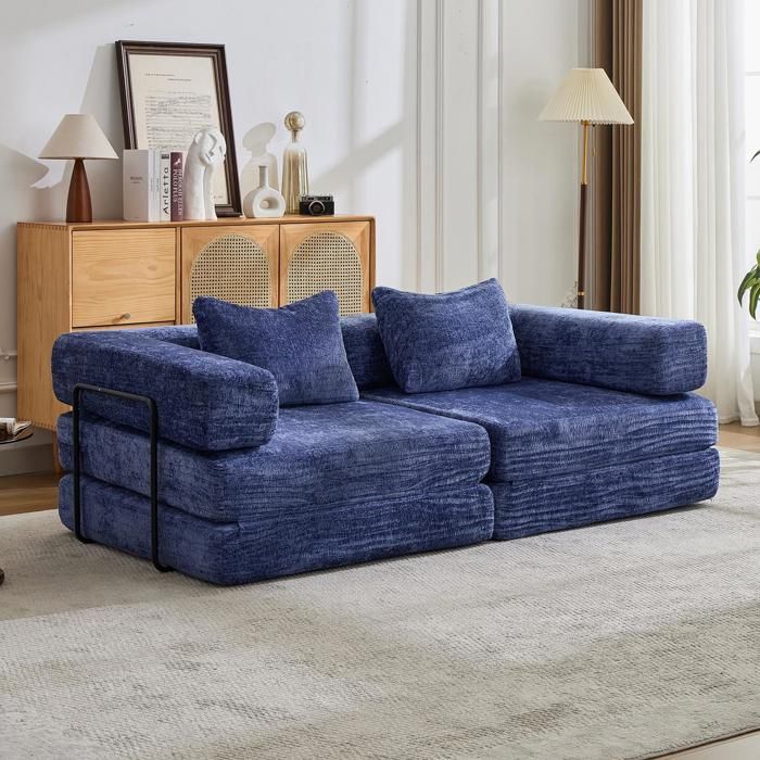 Canapé Convertible 2 Places - 200x100x63cm - Canapé Lit Modulaire Tissu Chenille Matelas Ressorts Ensachés - Bleu Foncé