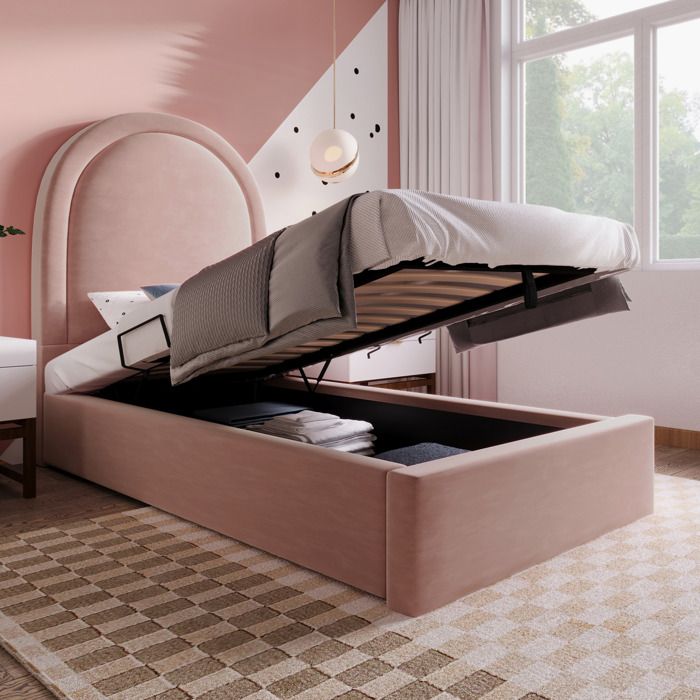 MEUVYX Lit Enfant 90×190 cm coffre de rangement sommier à lattes relevable hydraulique sans matelas velours rose