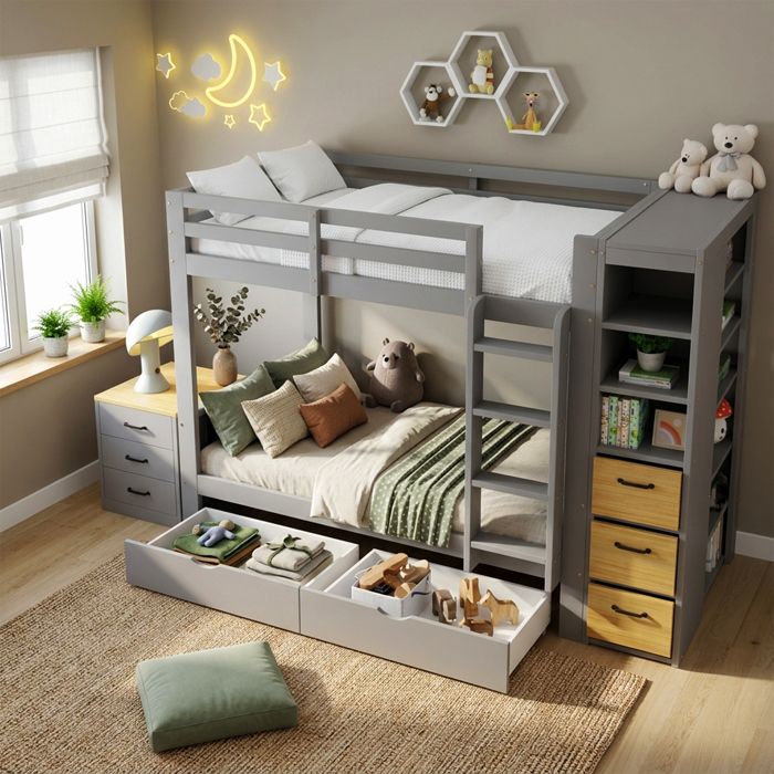 Lit superposé 90x200 cm avec 2 tiroirs meuble de rangement latéral chevet mobile et échelle bois et MDF gris clair et naturel