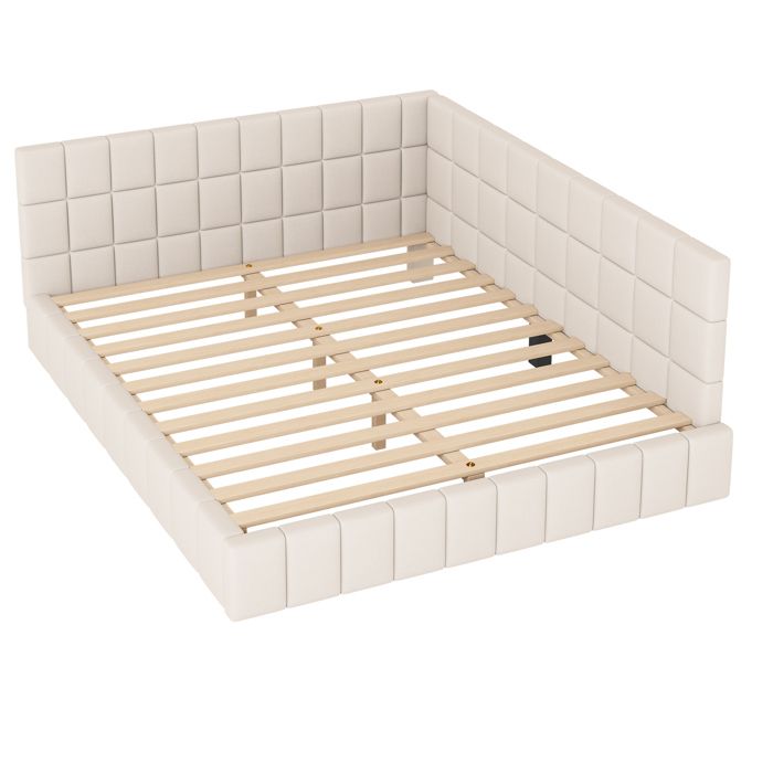 Lit banquette rembourré 160x200 cm en velours dans un coloris beige sans matelas sommier à lattes tête de lit