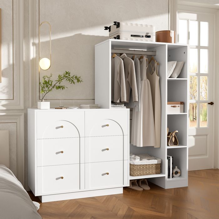 COVREO Armoire de chambre ouverte 6 tiroirs tringle et étagères latérales panneaux de particules blanc