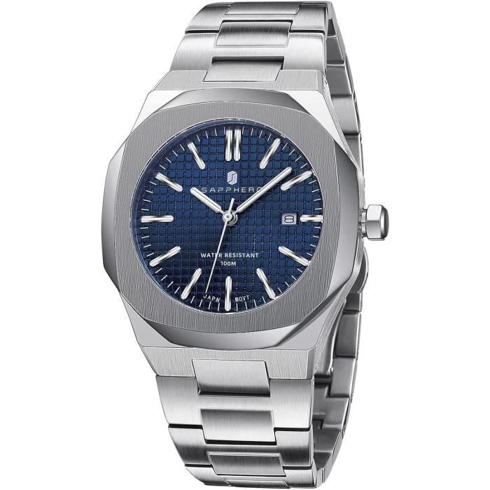 Montre Homme Etanche 100M Bleu Noir Quartz Bracelet Acier