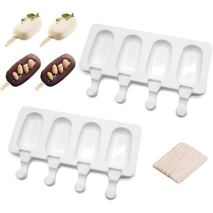 Moules à Glace Silicone 4 Cavités - Lot De 2 + 100 Bâtonnets Bois - Sans BPA - Pour Sorbet, Gâteau - Congélateur