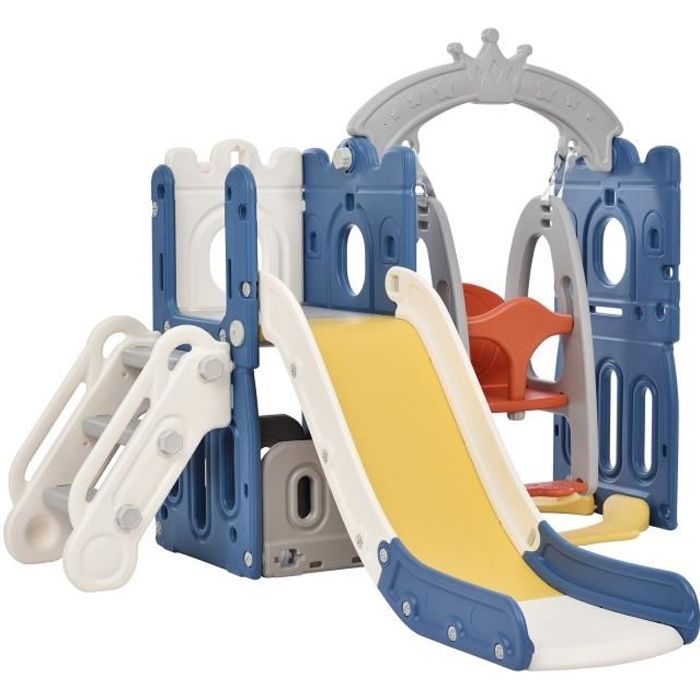 Aire de jeux, station de jeux 5 en 1 avec rangement, balançoire, toboggan, d'escalade, panier de basket