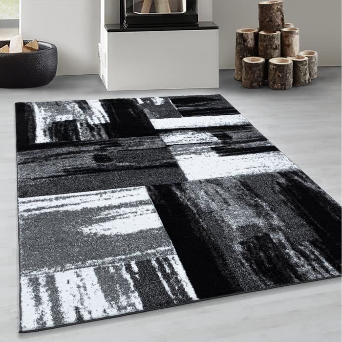 Tapis de salon à poils courts tapis abstrait design moderne doux noir gris  blanc [Argent, 160x230 cm] - Cdiscount Maison