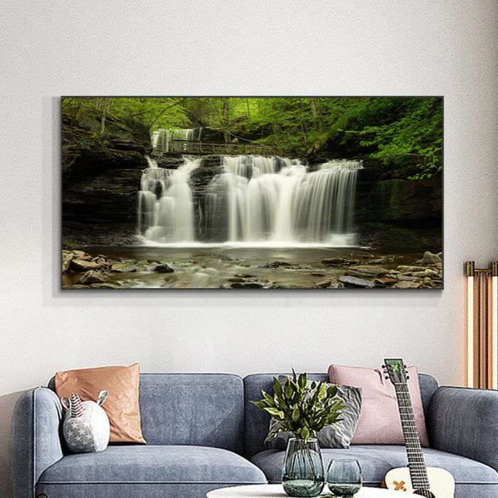 Art Mural sur Toile Cascade Arbres Violets Forêt Paysage Peinture Image Impressions Noir et Blanc Violet Décoration Salle de Bain Chambre Sans Cadre - 20 x 40 Pouces